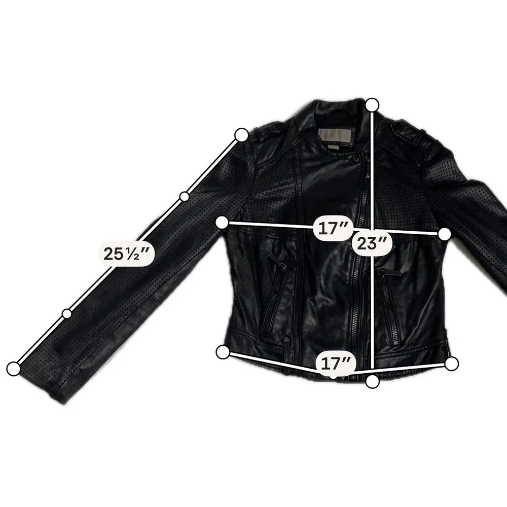 Michael Kors Black Leather Perforated‎ Moto Biker Jacket Small Zip Up Epaulettes